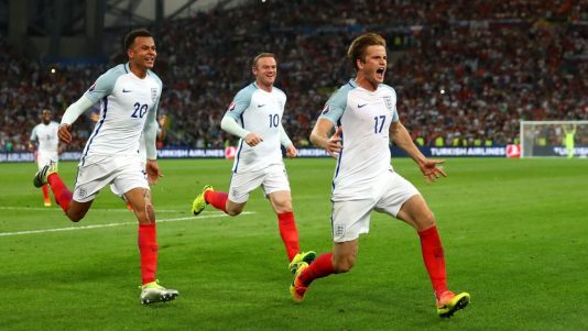 MARSEILLE, FRANCE - JUNE 11: Eric Dier (R) of England celebrates scoring his team's first goal with his team mates Dele Alli (L) and Wayne Rooney (C) during the UEFA EURO 2016 Group B match between England and Russia at Stade Velodrome on June 11, 2016 in Marseille, France. (Photo by Lars Baron/Getty Images)