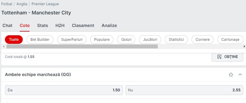 Ambele marchează/Nu marchează ambele în meciul de Premier League Tottenham - Manchester City. Cote din oferta Superbet pariuri sportive