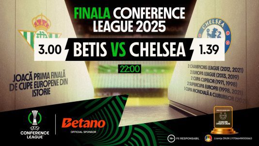 cota 19.00 pe același bilet pentru meciul meciul Real Betis – Chelsea din finala Conference League, iar cu o miză de 50 de lei potențialul câștig este de 950 de lei
