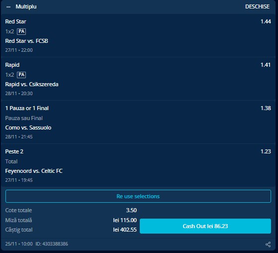 Bilet cota 3.50 - Ponturi pe două zile! Pariurile lui Sabin (28-29.11)