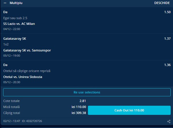 Cota 2.81 pentru joi și vineri