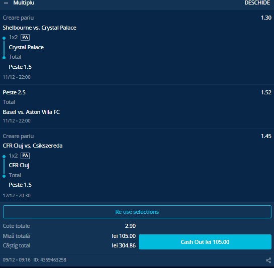 Cota 3 cu valoare: Crystal Palace, Aston Villa și CFR pe același bilet!