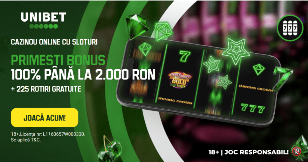 Unibet Casino: Bonus de 100% până la 2.000 RON + 225 Rotiri Gratuite