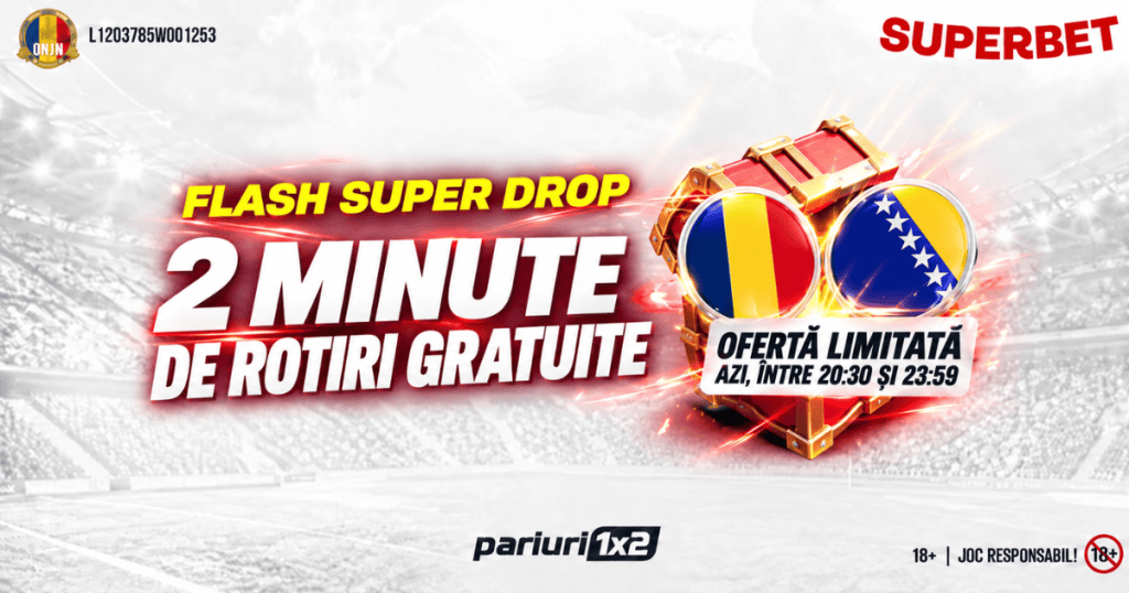 Super Drop Superbet »» 2 Minute de Rotiri Gratuite | România – Bosnia