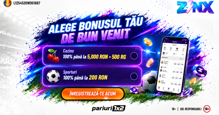 Zinx » 200 RON la Pariuri Sportive sau 5.000 RON + 500 Rotiri Gratuite la Cazino | Ce alegi?
